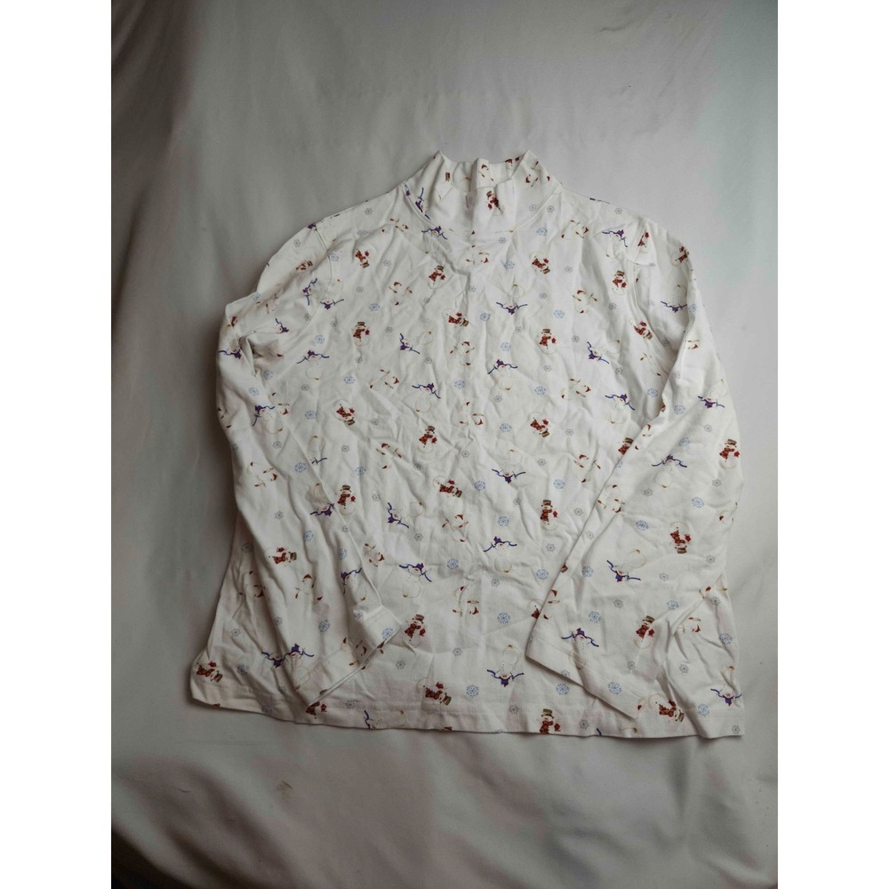 Croft & Barrow Shirt Top Womens PXL White Snowman Christmas Stretch Mock Neck